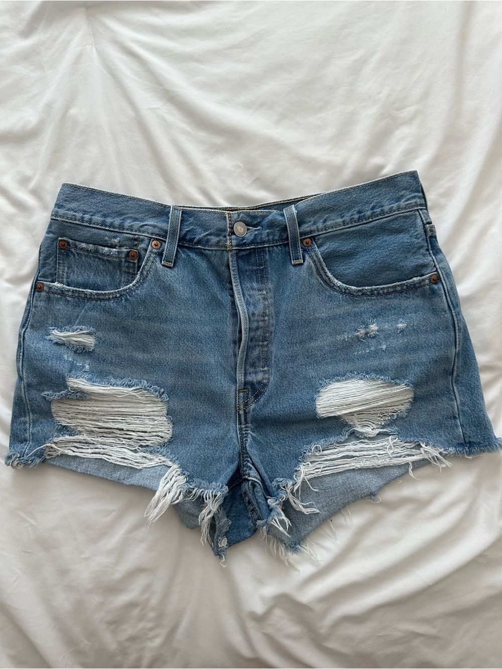 Levi's 501 Distressed Light Blue Denim Shorts